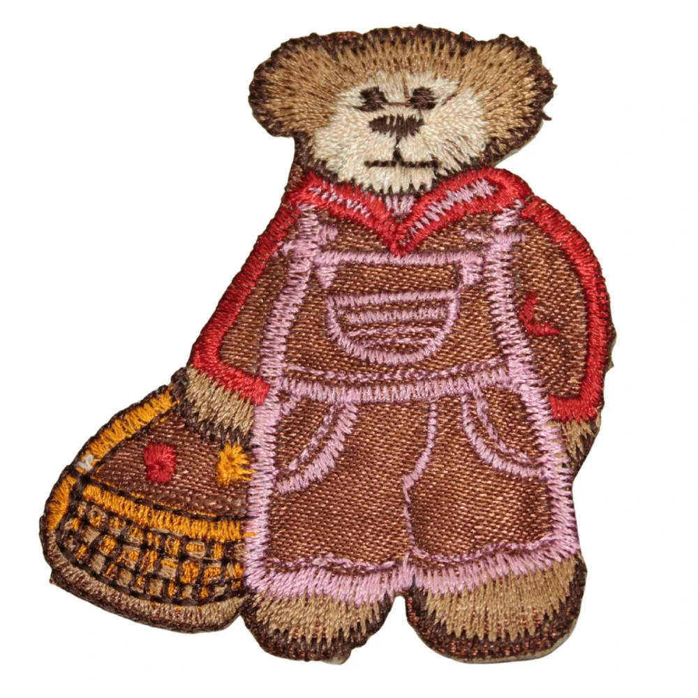 Teddy Bear Overalls Pink Red Orange Embroidered Iron On Applique Patch Vintage